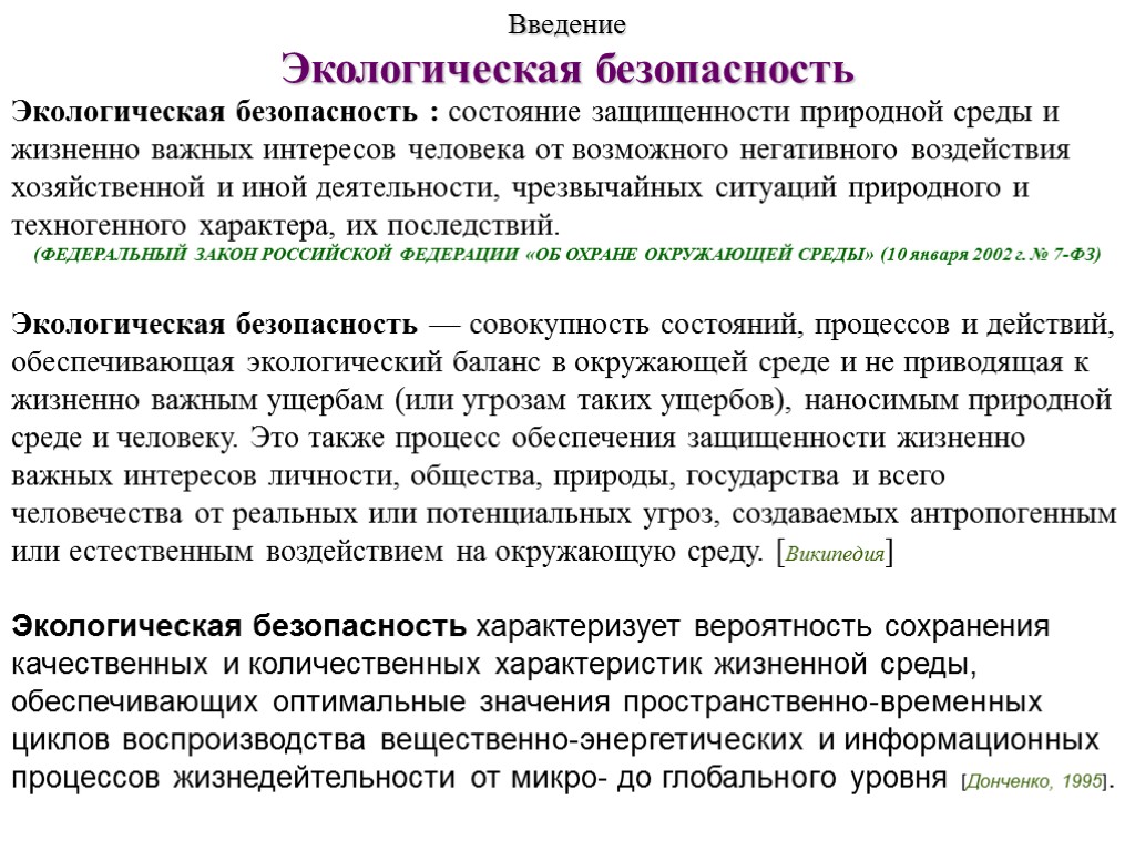 Введение Экологическая безопасность Экологическая безопасность : состояние защищенности природной среды и жизненно важных интересов